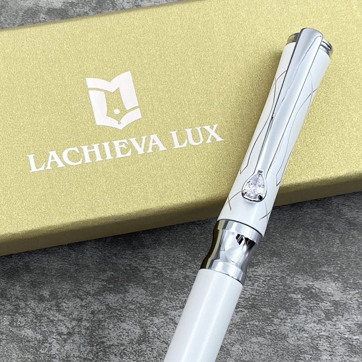 LACHIEVA LUX Pearl White Elegant Crystal Executive Metal Ballpoint Pen with German-made P900M Refills - Image 2