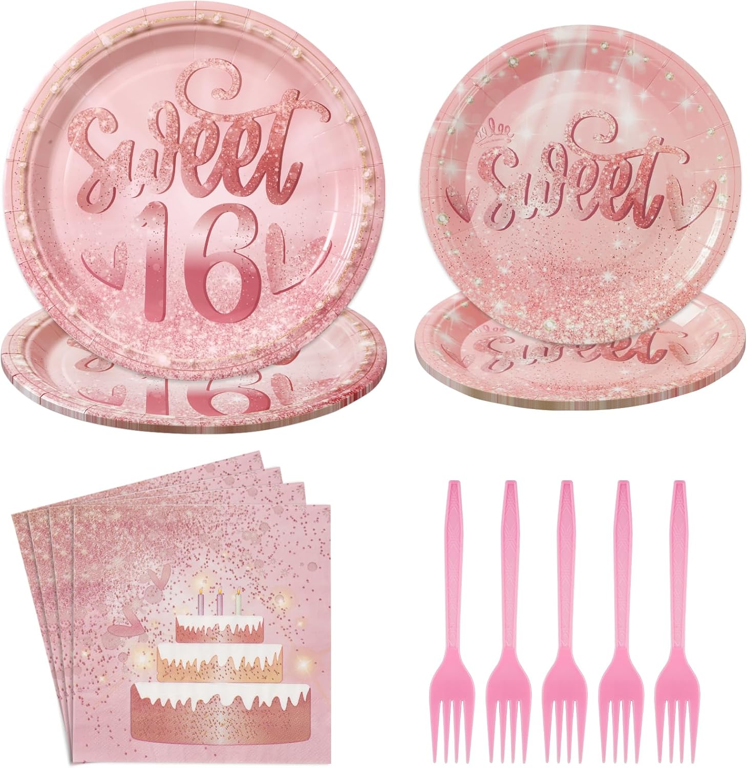 96Pcs Rose Gold Sweet 16 Birthday Party Plates Napkins