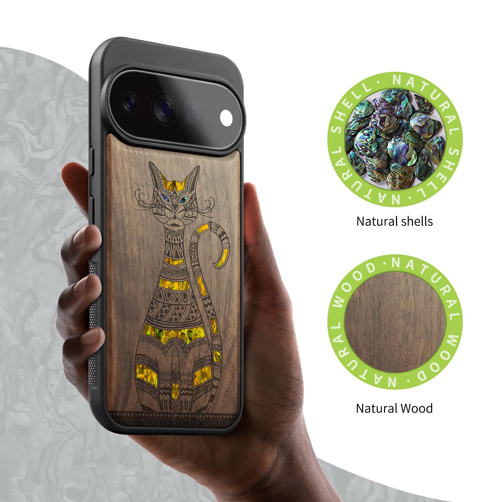 Carveit Etui na telefon komórkowy do Pixel 11 Pro, orzech tribal Cat Art