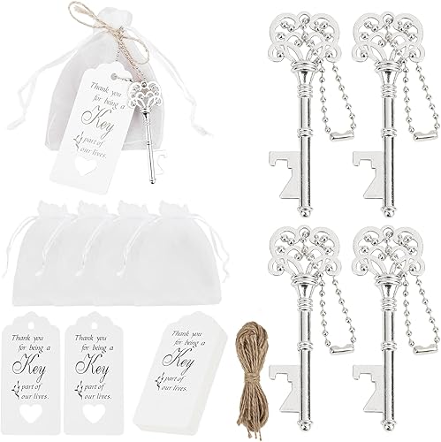 20 piezas de abrebotellas de esqueleto vintage con bolsas de organza, etiquetas de agradecimiento, cuerda de yute y cadenas, regalos perfectos de