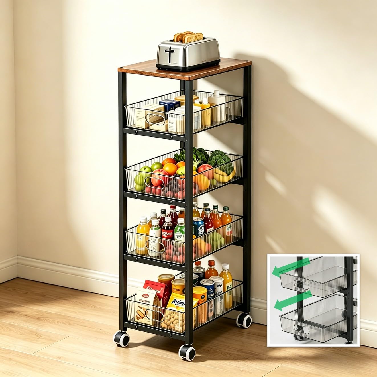Organiseur de rangement en métal à 5 niveaux avec roulettes et dessus en bois, 4 tiroirs coulissants en verre acrylique, chariot utilitaire mobile pour cuisine, salle de bain, salon, bureau