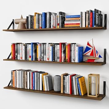 Forbena 48 Inch Floating Shelves for Wall Long Set of 3, Large Wooden Wall Bookshelf for Bedroom Books, Rustic Wood Hanging Bookshelves for Living Room Laundry Closet Kitchen Storage Dark Brown
