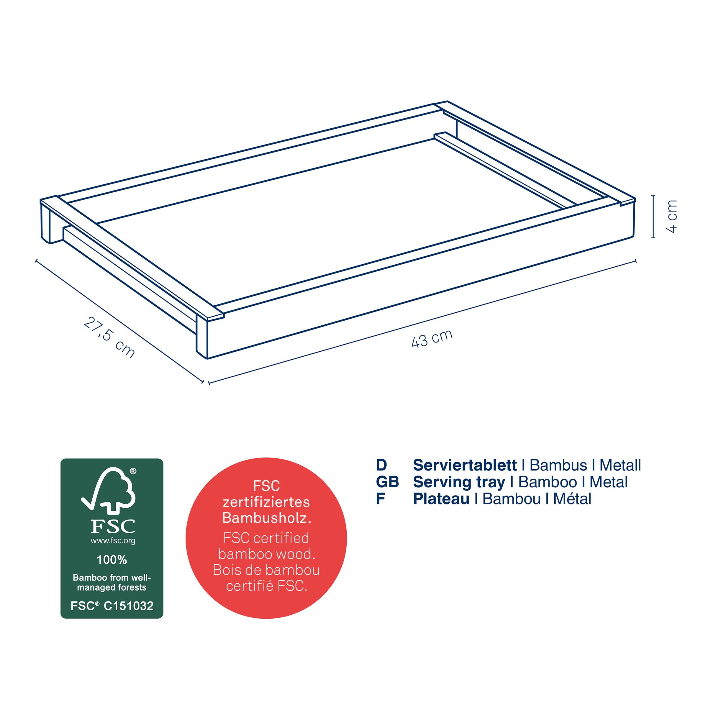 kela Bandeja de bambú grande 54 x 34,5 x 4,5 cm KIRIL, bandeja rectangular de madera con asas metálicas, antideslizante