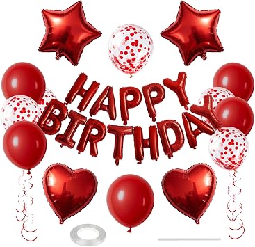 27 Pcs Red Birthday Decorations, 3D Foil Red Happy Birthday Balloon Banner, Pentagram Heart Foil Balloons Confetti Balloons Kit For Boys Girls Birthday Party Supplies