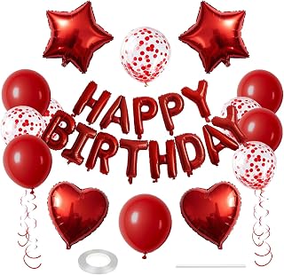 27 Pcs Red Birthday Decorations, 3D Foil Red Happy Birthday Balloon Banner, Pentagram Heart Foil Balloons Confetti Balloons Kit For Boys Girls Birthday Party Supplies