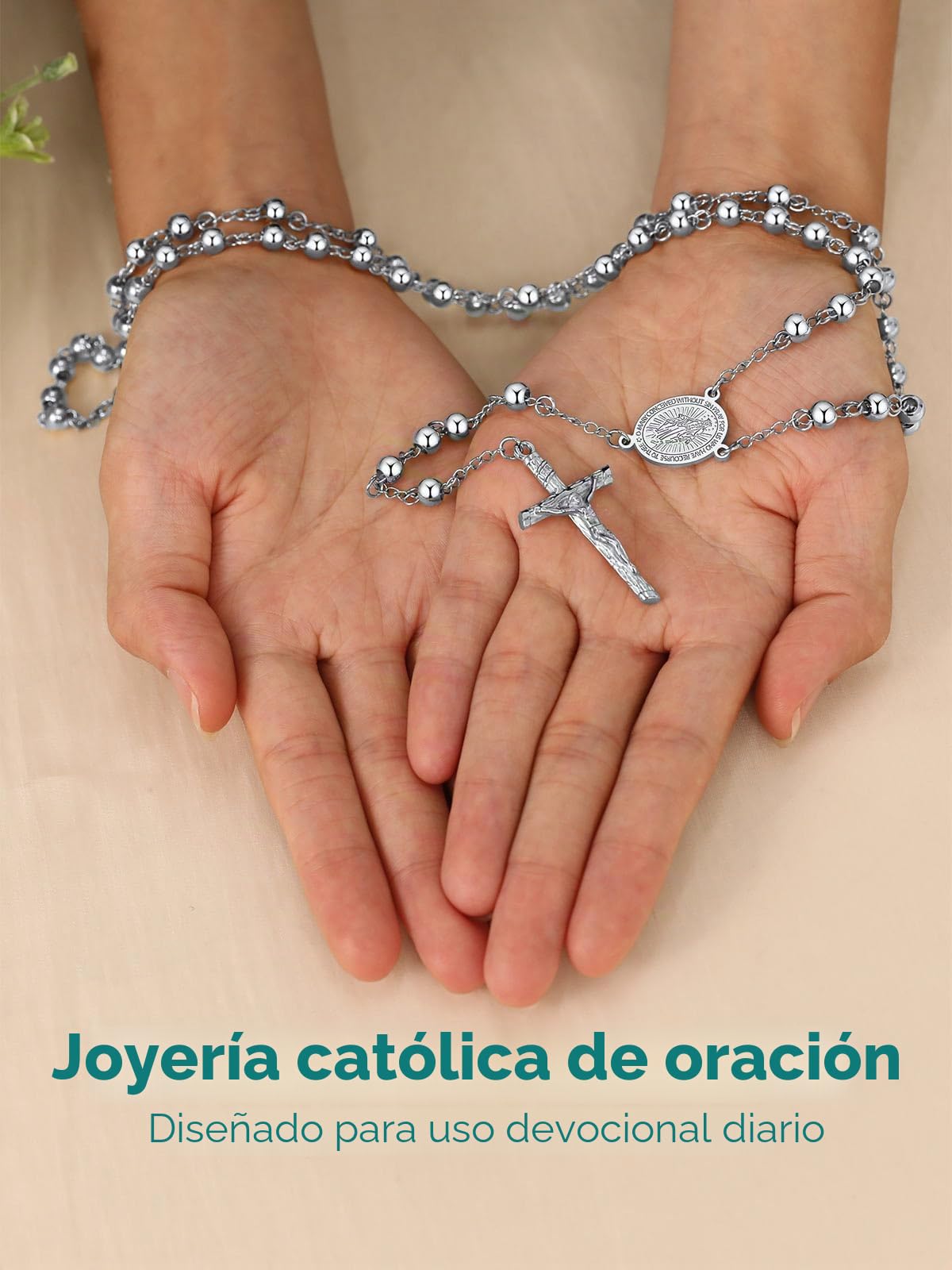 Supcare Collar Rosario Católico Hombre Mujer Collar Cristiano Acero Inoxidable 316L con Medallas Virgen María, San Cristóbal y San Miguel, Cadena Rosario para Rezo, Colgar en Coche y Uso Diario