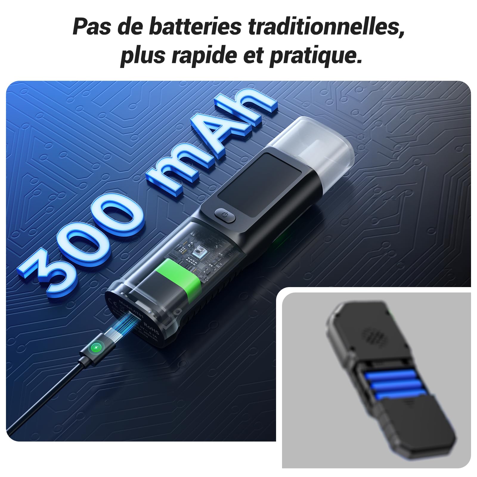 Éthylotest Électronique USB-C, Alcootest LCD | Test rapide, affichage BrAC mg/L, modes contact et sans contact, 10 embouts inclus, compact pour voiture et soirées.