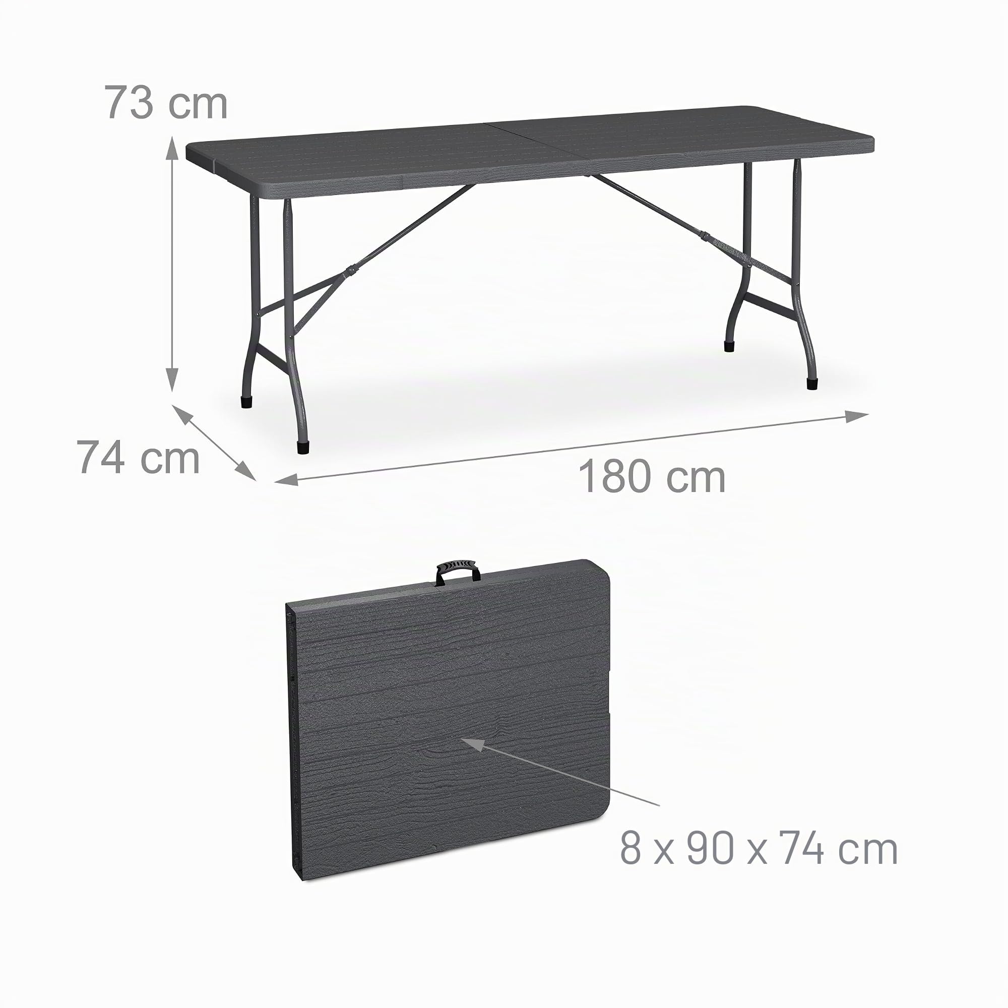 Relaxdays Mesa de Jardín Plegable, Tablero Comedor, 73x180x74 cm, Plástico y Acero, para Camping y Exteriores, Gris
