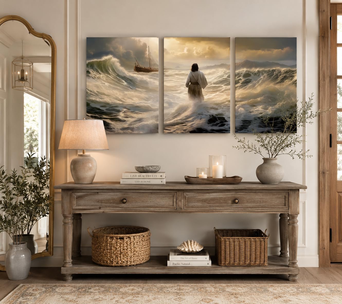 3 lienzos de Jesús caminando sobre el agua, arte de pared con historias bíblicas cristianas, cuadro decorativo para pared, espíritu religioso, fe, póster impreso para sala de estar, dormitorio,
