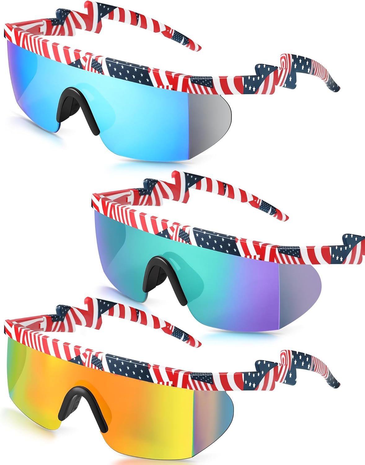 Frienda 3 Pairs 4th of July 80s 90s Retro Semi Rimless Sunglasses American USA Flag Sunglasses Zigzag Glasses for Men Women