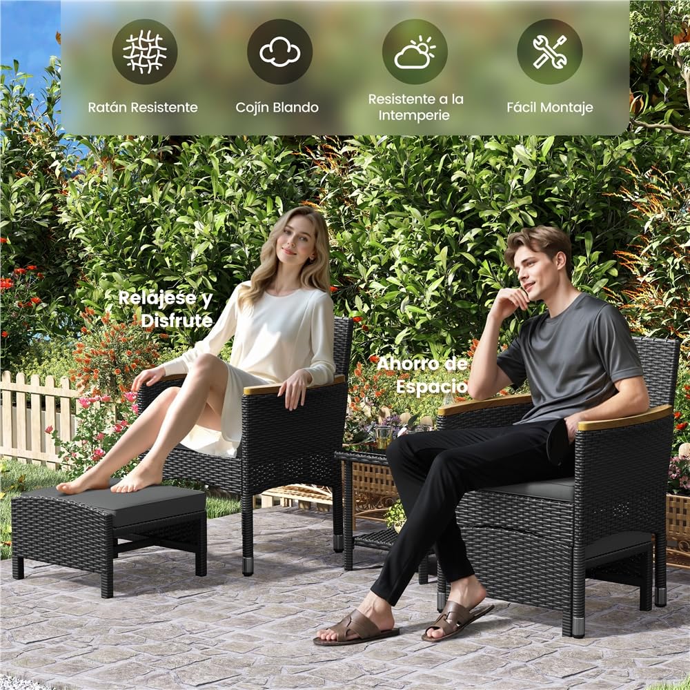 Yaheetech Conjunto de Muebles Ratán de Jardín 5 Piezas con Cojines, 2 Sillones 2 Otomanas y 1 Mesa de Café para Patio, Piscina y Trasero, Color Negro/GIRS Negro/GIRS
