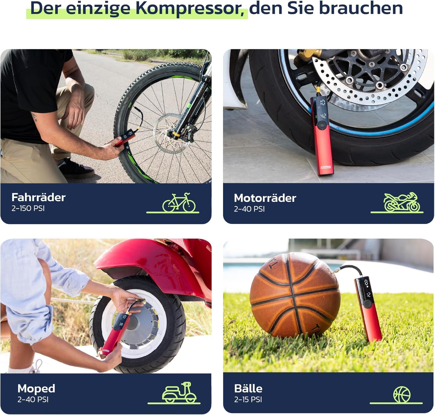 Woowind BP188 Elektrische Fahrradpumpe, Akku Luftpumpe 120-150PSI, Akku Kompressor für Auto, Fahrrad, Motorrad, Elektrische Pumpe Kompatibel mit Allen Ventilen