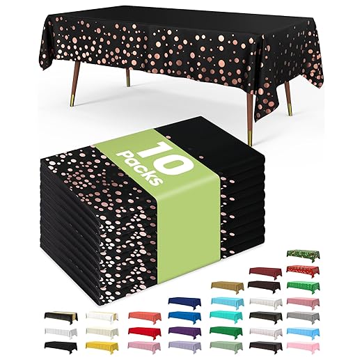 Pureegg Plastic Table Cloth Disposable 10 Pack, 54 x 108 Inch Table Cloths, Graduation Decorations of 2025, Graduation Tablecloths, Rectangle, Plastic Cover, Leakproof & Sturdy, Black and Rose Gold