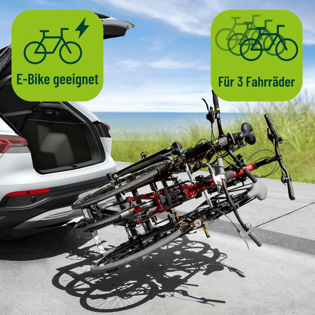 EUFAB 11555 Fahrradträger AMBER 3, E-Bike geeignet, teilweise vormontiert, Diebstahlschutz, für 3 Fahrräder, für Anhängerkupplung Auto & Motorrad