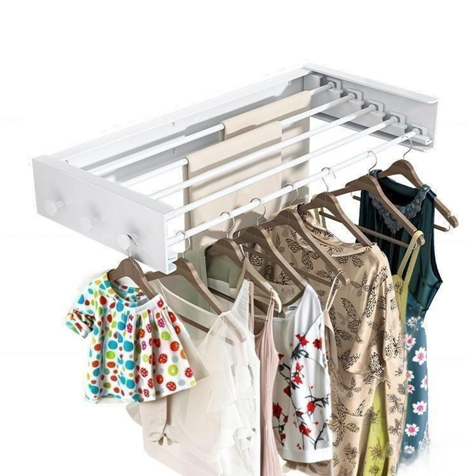 Collapsible Clothing Storage Organizer Drying Rack Wall Mounted for Laundry- 5 Aluminum Rods with 6 Hook Foldable Closet Shelves, Space Saving Storage for Indoor Outdoor(White,31.5'')