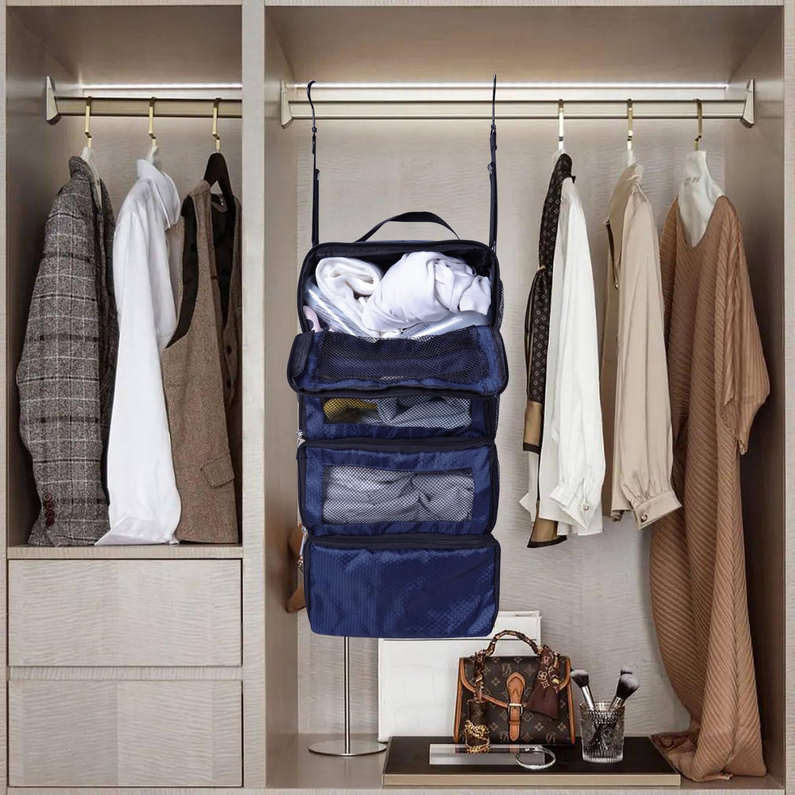 Olosar Organizer per valigie, organizer da viaggio portatile da appendere, mensole da viaggio pieghevoli, cubi da imballaggio a compressione per bagaglio a mano, blu navy