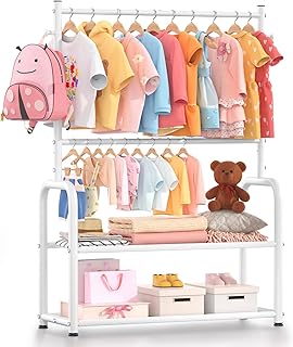 Kids Clothing Rack with 2-Layer Storage Shelf and 2 Adjustable Hanging R...