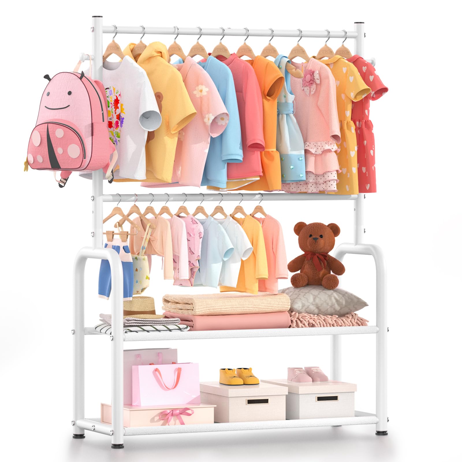 Kids Clothing Rack with 2-Layer Storage Shelf and 2 Adjustable Hanging Rods Dress Up Rack for Hanging Clothes