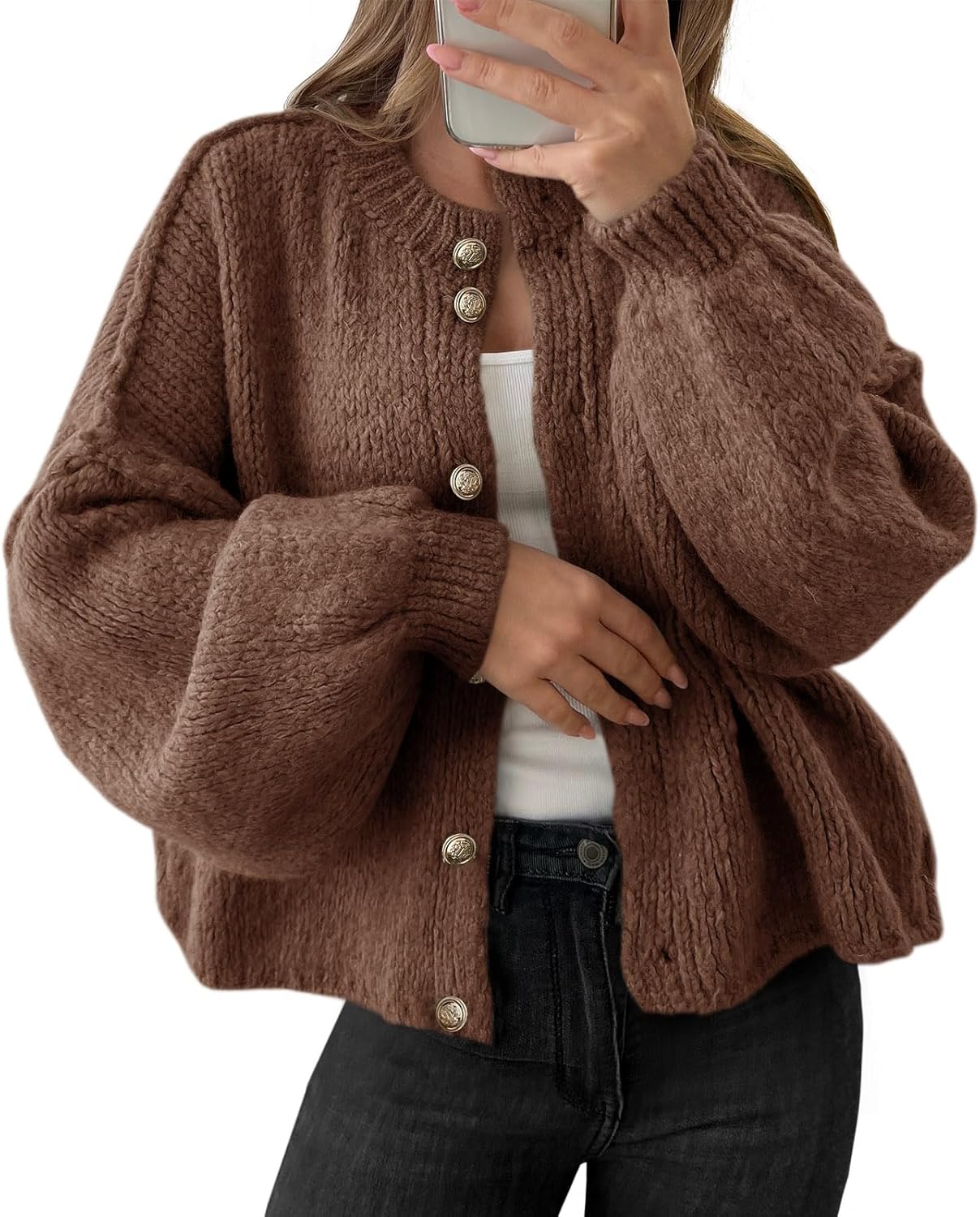 Saodimallsu Womens Oversized Cardigans Button Up Long Lantern Sleeve Chunky Knit Casual Soft Fall Sweater Coats