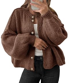 Saodimallsu Womens Oversized Cardigans Button Up Long Lantern Sleeve Chunky Knit Casual Soft Fall Sweater Coats