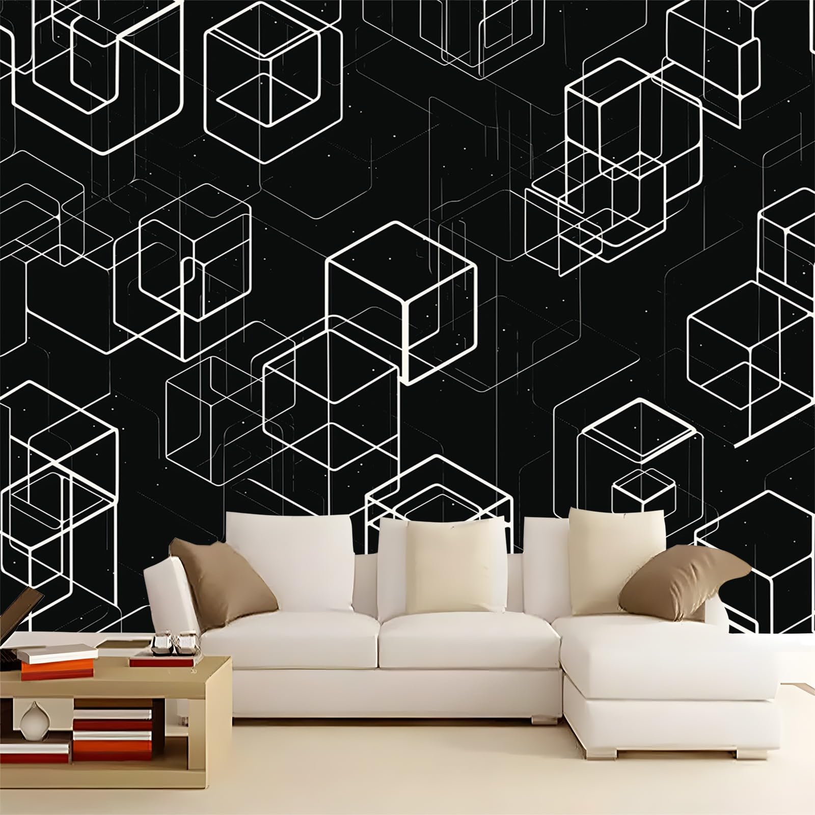 Fototapeta panorama, efekt 3D, biała, czarna, tapeta z włókniny, obraz ścienny, dekoracja ścienna, linie, prosta geometria, fototapeta ścienna, plakat fotograficzny, dekoracja ścienna, 250 x 175 cm