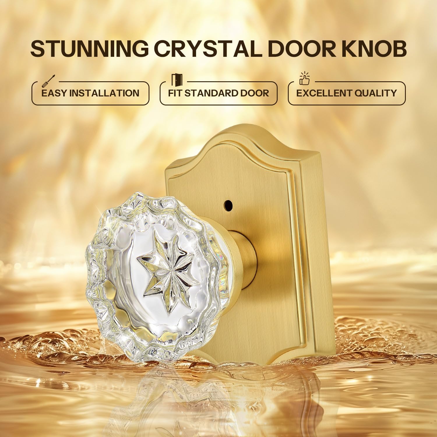 Interior Glass Door Knob with Privacy Lock for Bathroom and Bedroom – Vintage Crystal Door Knob in Satin Brass Finish, Easy Install