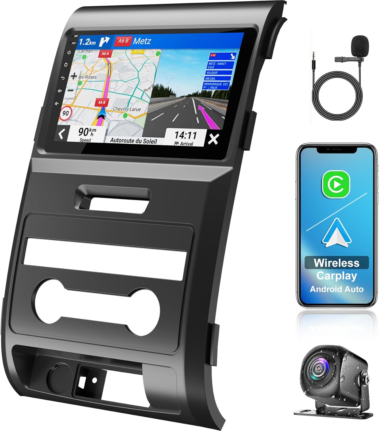 8 Core 4G+64G Car Radio Stereo for Ford F150 2009 2010 2011 2012-2014, with Wireless Carplay&Android Auto, Android 14 Support Bluetooth/GPS/WiFi/SWC/FM, 9 Inch IPS Touch Screen, 1080P Camera