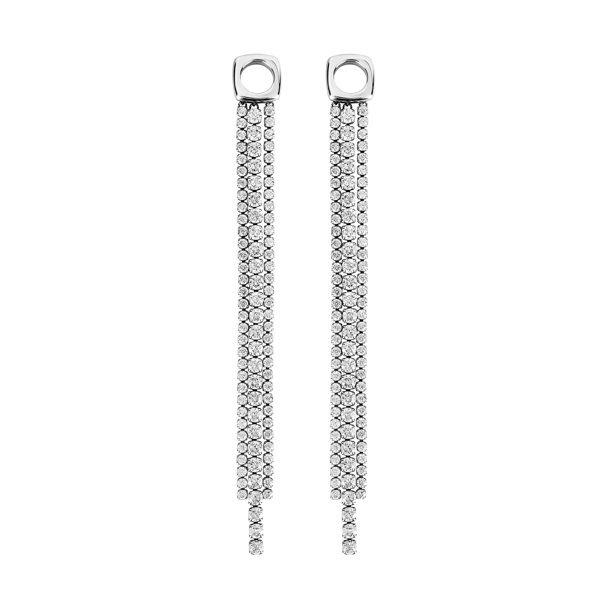 Breil, Collezione Gem, Orecchini Donna Pendenti in Acciaio Lucido, con Elemento Quadrato e Frange Tennis di Cristalli, Chiusura a Farfalla, Lunghezza 10 cm, Idea Regalo Donna