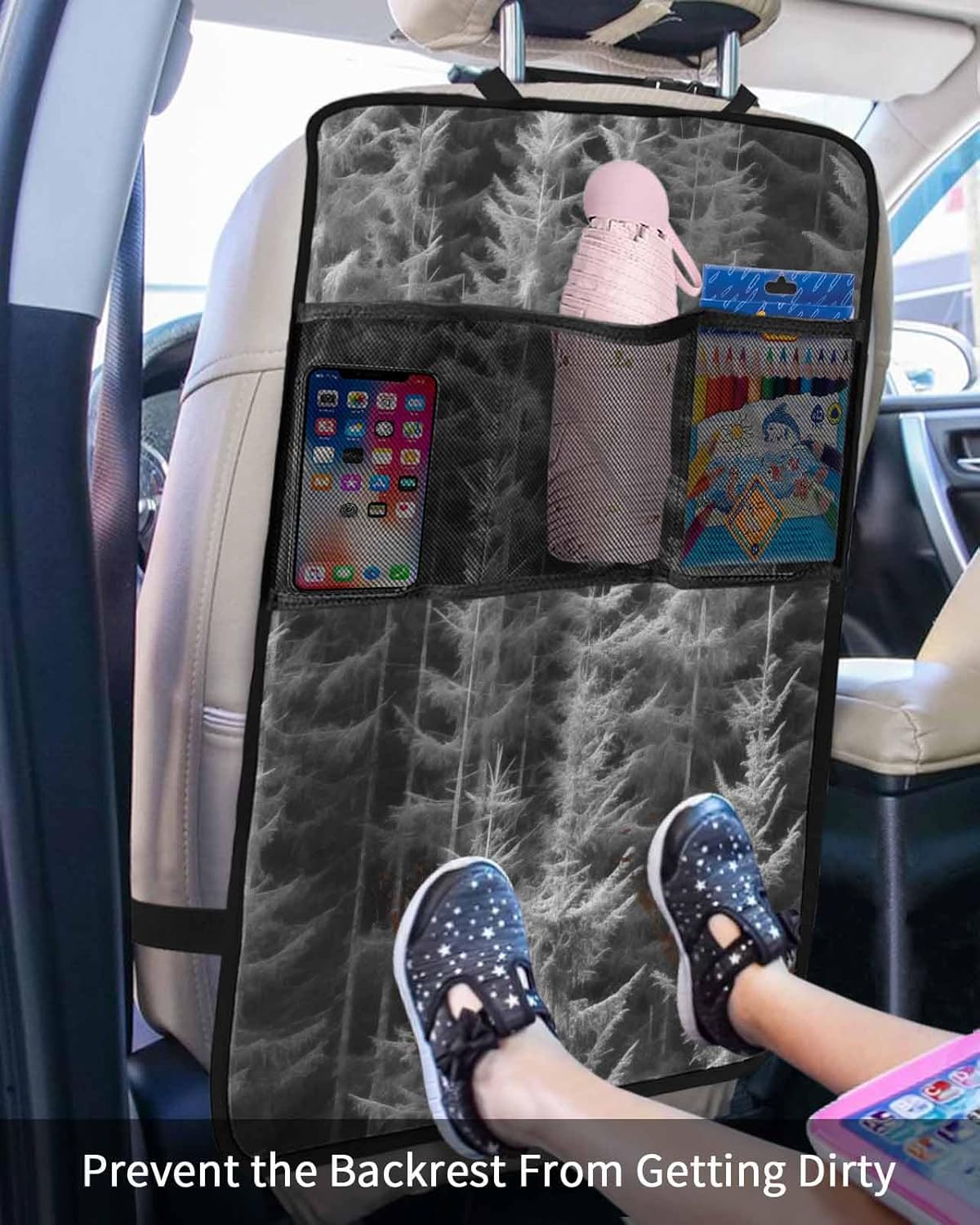 T&H XHome Car Seat Protector, 2 Pack Kick Mats with Organizer - 3 Pocket Storage, Summer Black White Pine Trees Forest Back Seat Cover for Kids Universal Fit Automotive Interior Protectors