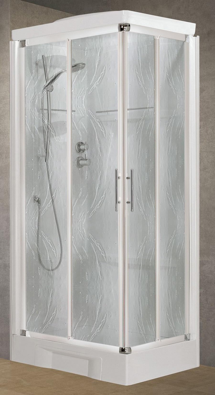 Novellini New Holiday A90 Standard con techo 90 x 90 cm Cabina de ducha equipada 2 puertas correderas 2 fijas ángulo derecho izquierdo mezclador mecánico cristal Aqua perfil blanco altura 217,5 cm