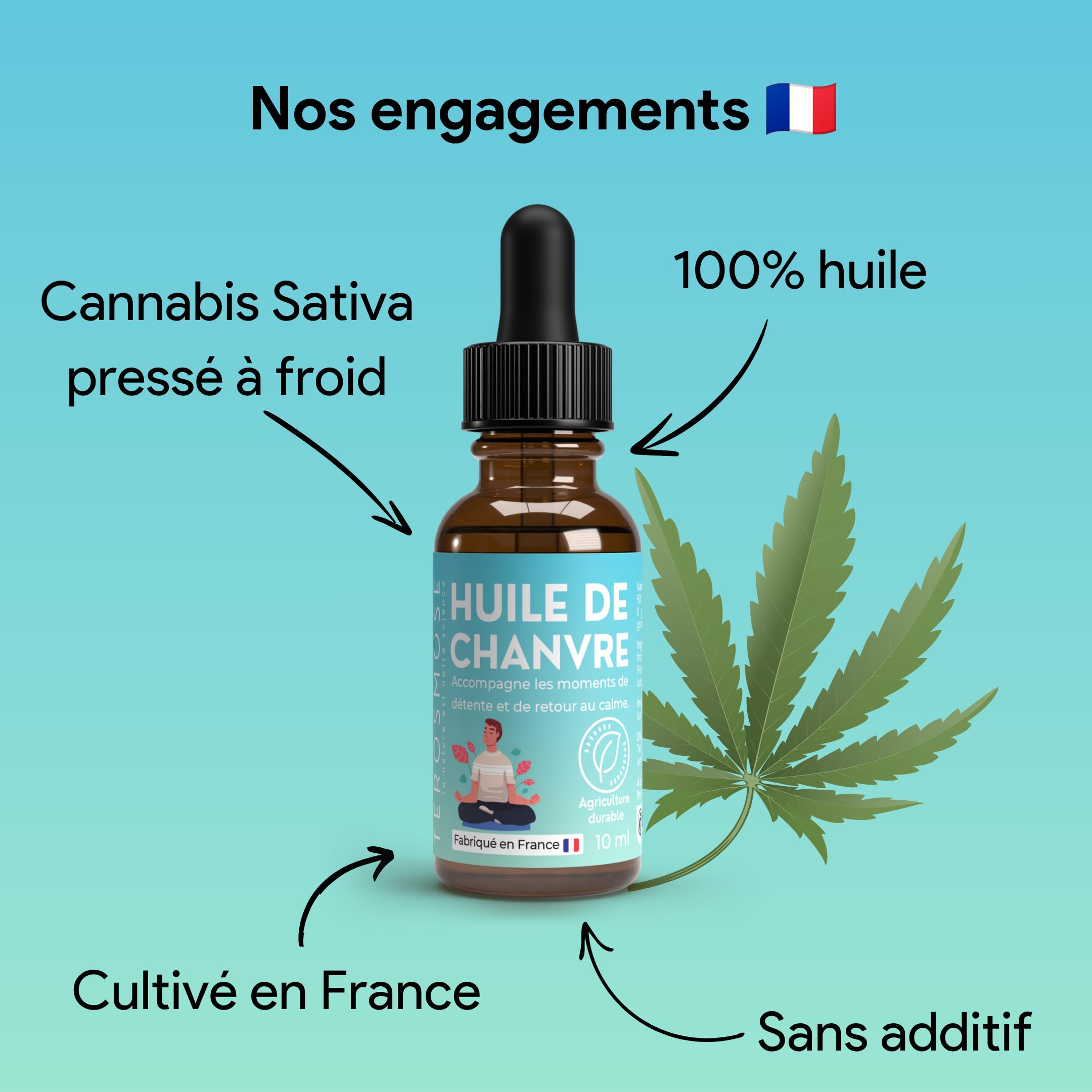 Huile de Chanvre Pure • 100% Cannabis Sativa L. 10 ml | Hemp Oil | avec Pipette Compte-Gouttes | Idéal pour votre rituel bien-être & détente de fin de journée | Origine France | Laboratoire Terosmose