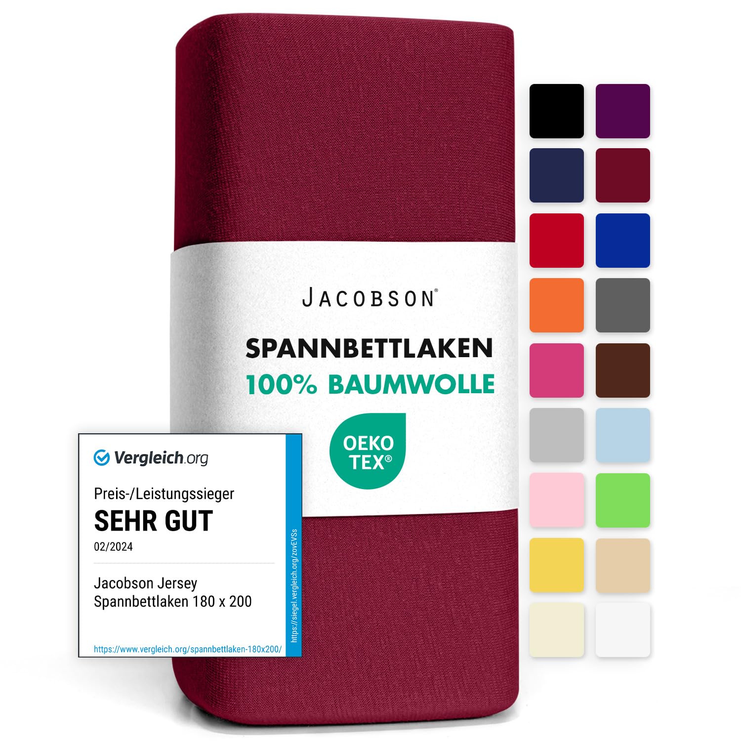 Jacobson Jersey Spannbettlaken Spannbetttuch Baumwolle Bettlaken (180x200-200x200 cm, Bordeaux)