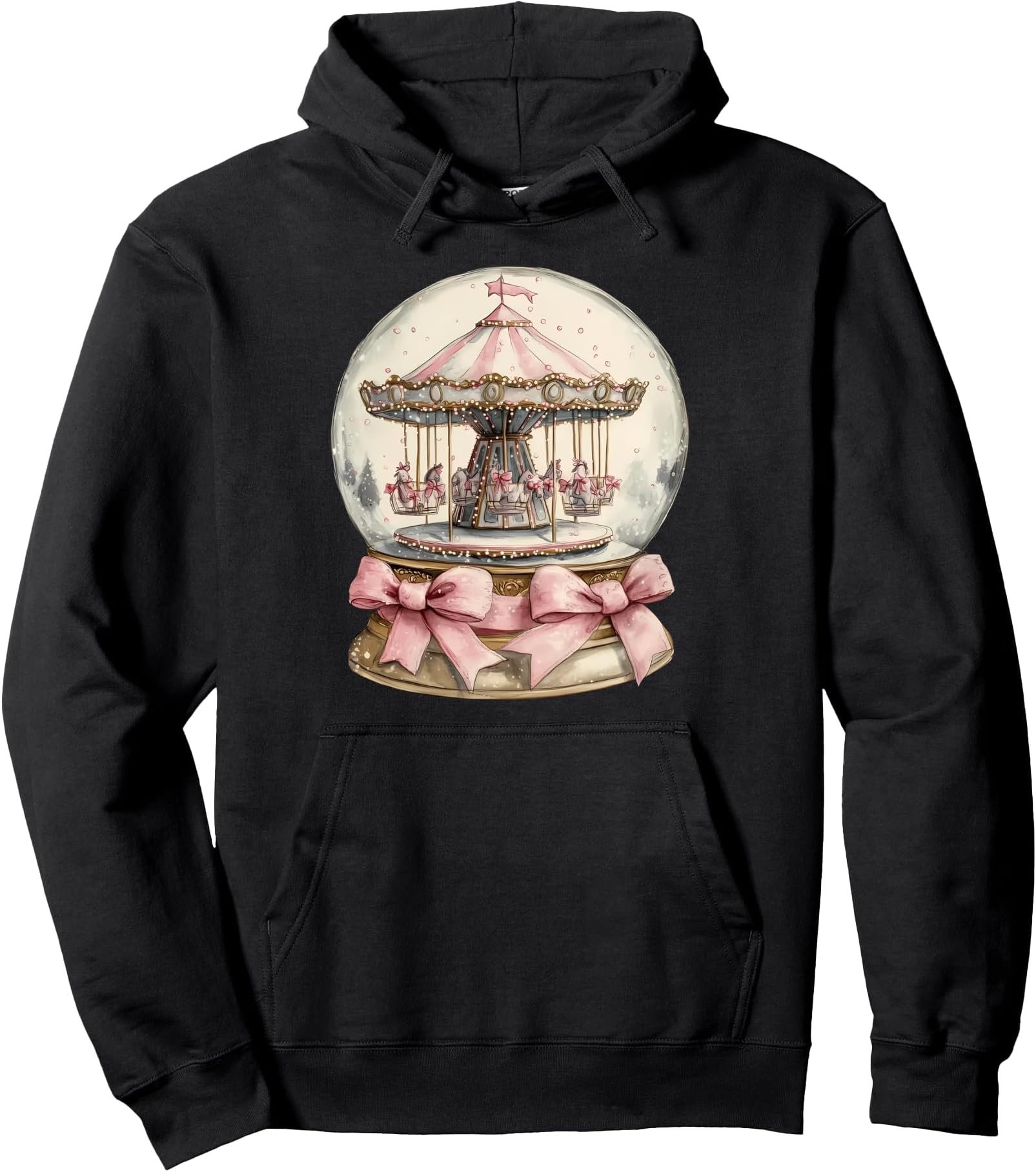 Retro Snow globe Carousel Pink Coquette Bow Christmas Snow Pullover Hoodie