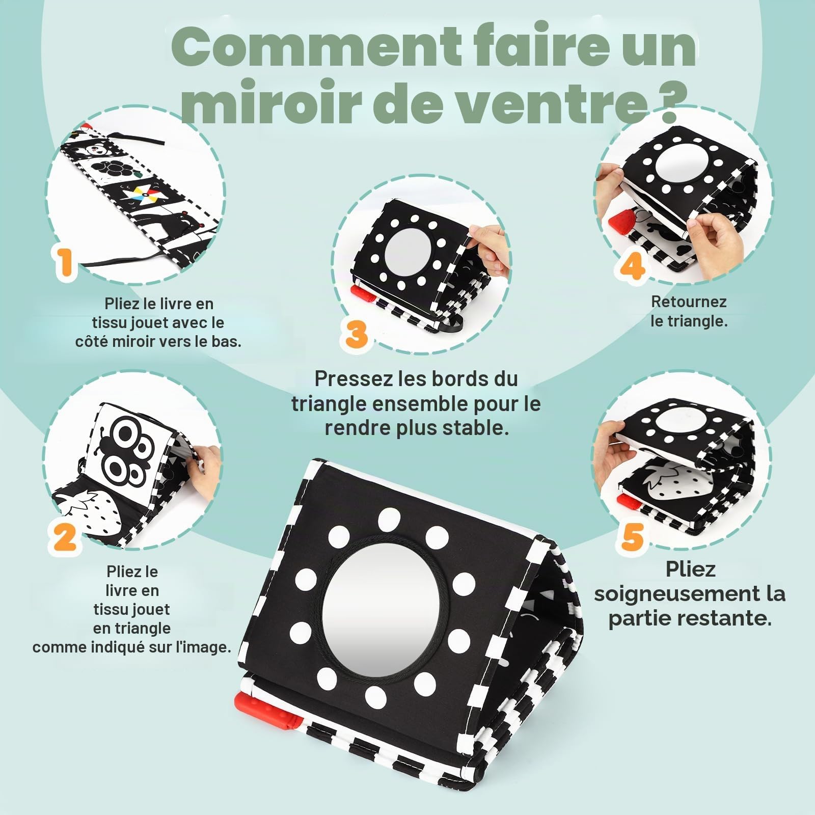 BBWOO Livre bébé 0-12 Mois, Livre Noir et Blanc bébé sensoriel Montessori, Jeux et Jouet d'éveil pour Tummy Time, Pliable et Lavable, avec Anneau Dentition et Miroir, Un Cadeau Parfait
