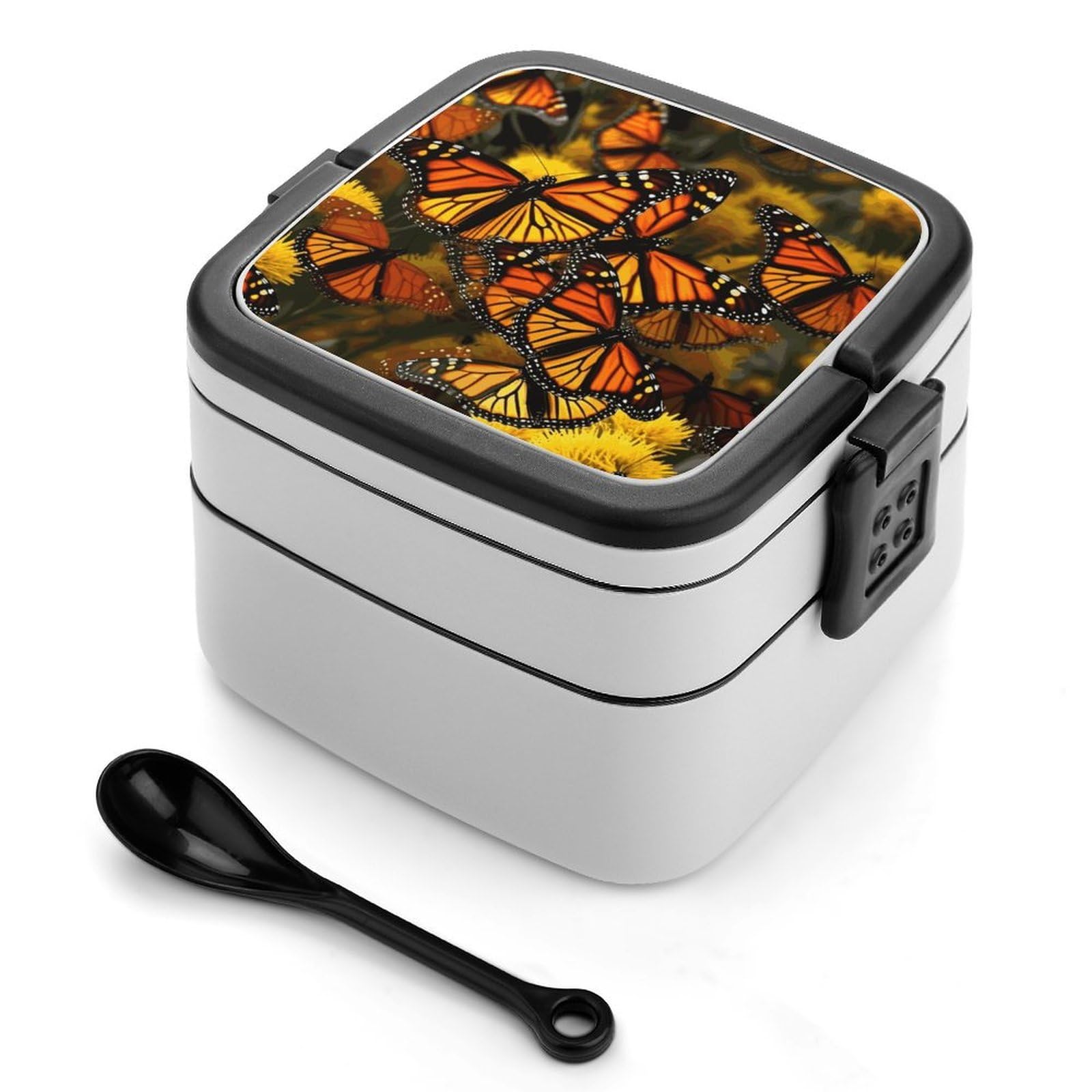 JTREHY Monarch Butterflies Lunch Box Double-Layer Portable Lunch Container Stackable Large Capacity Leakproof Bento Box for Dining Out Work Picnics Travel