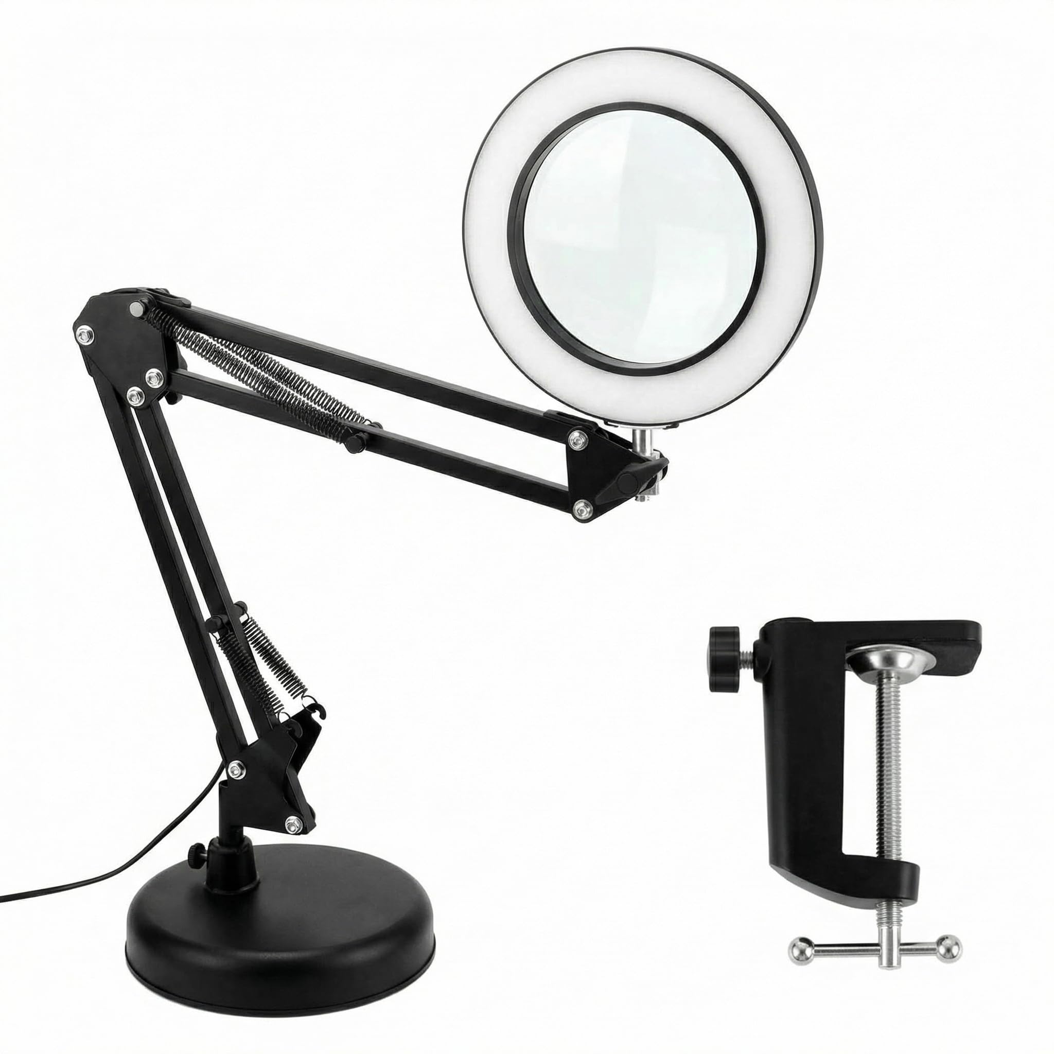 QWORK® LED de Lupa con Abrazadera y Base, lámparas de Aumento 10X, 3 Modos de Color y 10 Brillos Regulables, lámpara de Brazo Giratorio Ajustable, Negro
