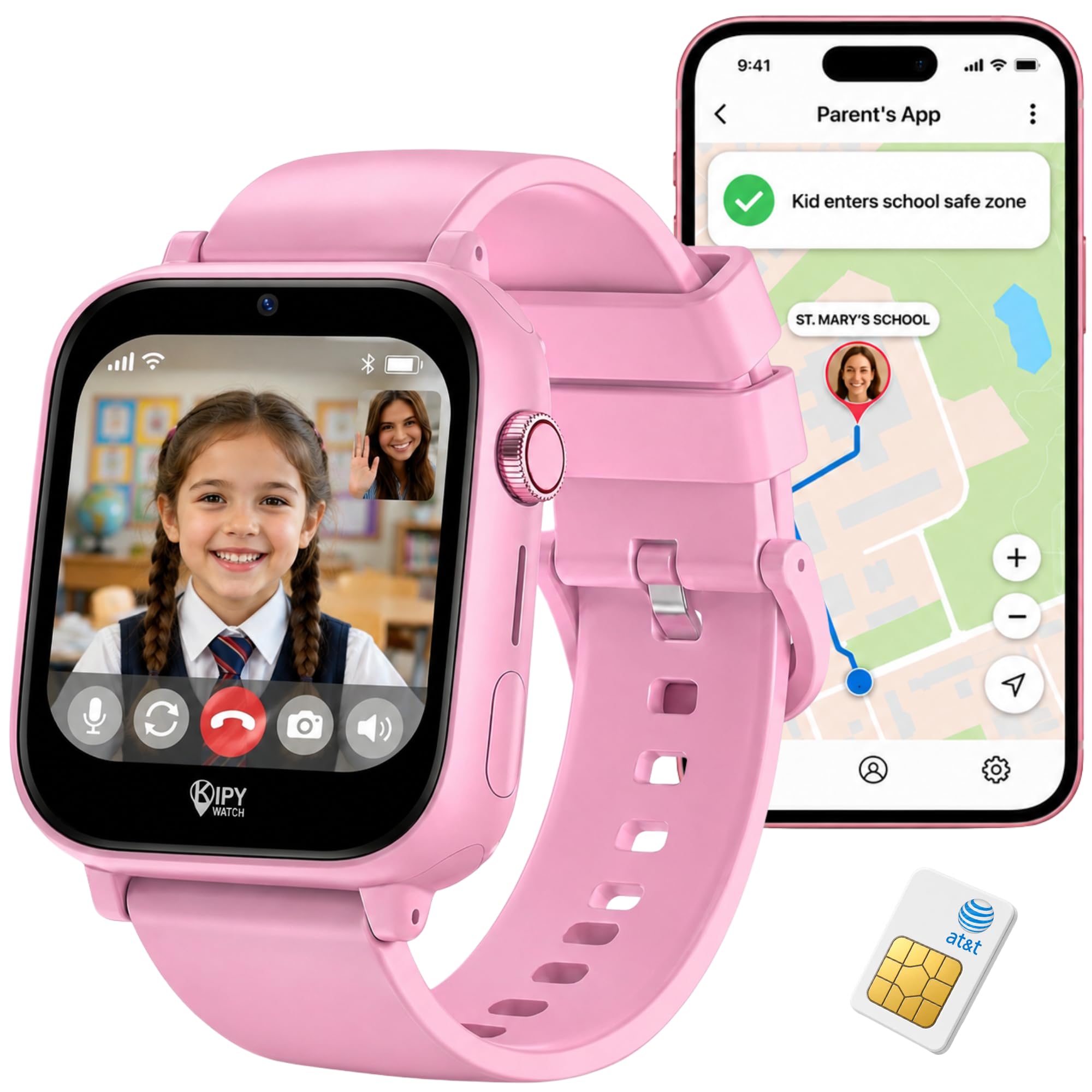 Kipywatch Smart Watch per bambini – Smart Watch per bambini con GPS Tracker e allarme zone sicure – SMS, voce e videochiamata – con modalità scuola – App genitori, abbonamento richiesto, regali per