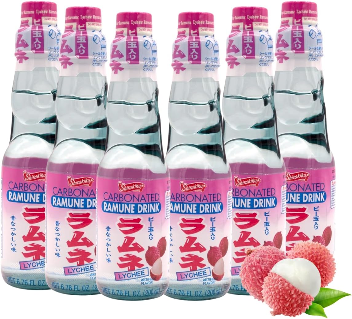 UNHA'S ASIAN SNACK BOX Ramune Iconic Japanese carbonated soft drink ""MARBLE SODA"" Fun and Nostalgia, Lychee Flavor 6.76 fl.oz Bottle - Pack of 6
