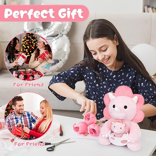 Miniatura 6 de KOPHINYE Animal de peluche de dinosaurio, peluche de dinosaurio rosa de 11.8 pulgadas con un dinosaurio de peluche de dinosaurio bebé, animal de