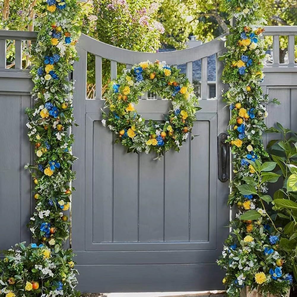 Künstlicher Blumenkranz 35 cm Sommer fürDeko für Haustür Wand Fenster – Bunter Frühlingskranz aus Kunststoff als langlebiger Türkranz für Hochzeit Geburtstag Party und Garten(35CM)