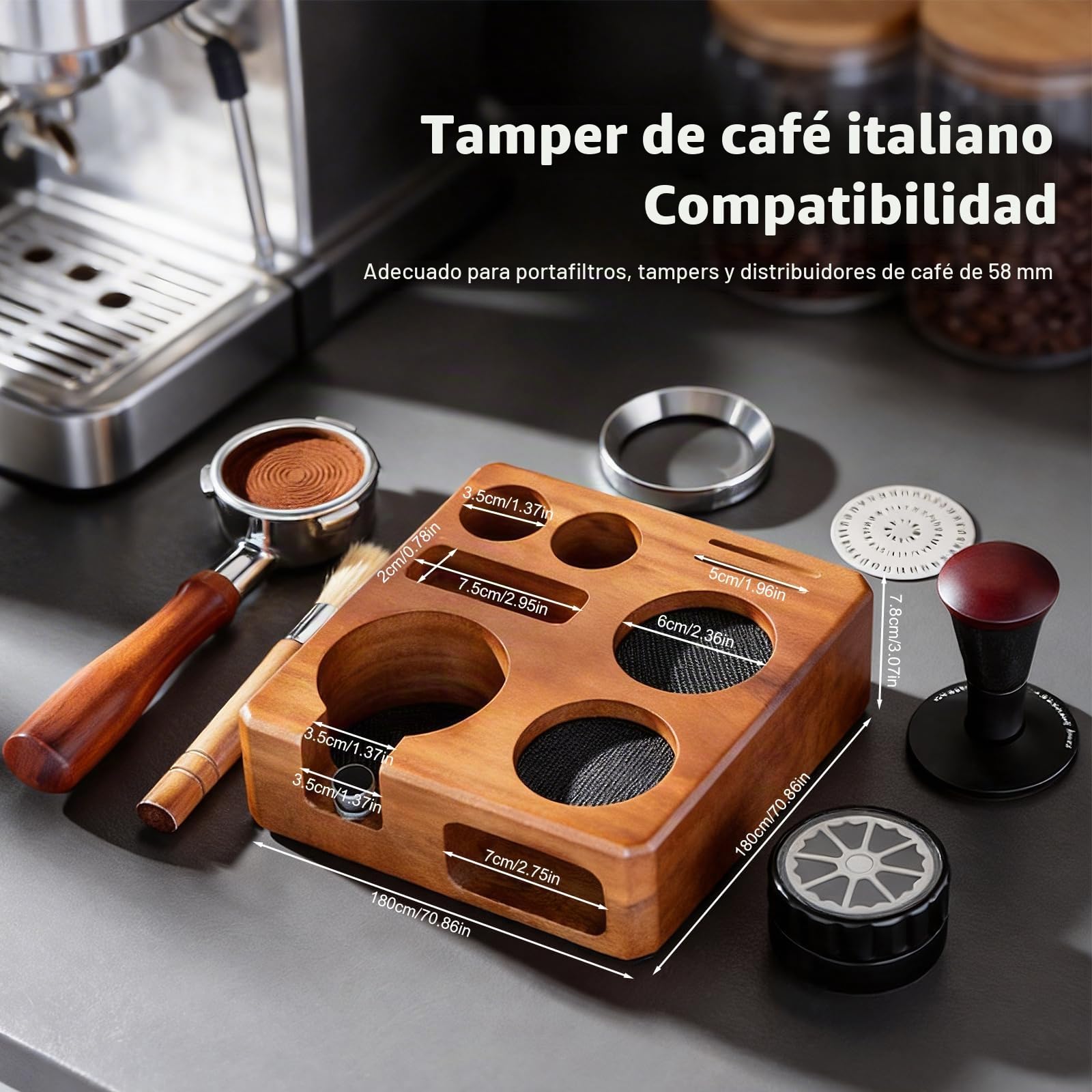 Estación de Tamping 58mm, Base para Prensar Café con Almacenamiento | Soporte Portafiltro Antideslizante para Barista, Accesorios Espresso con Organizador de Herramientas