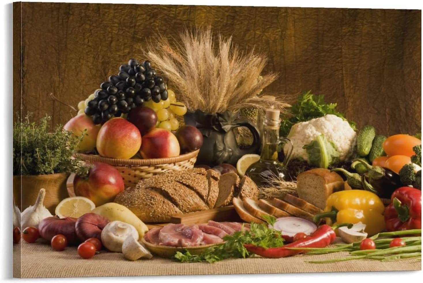 IMAGE WALL ART - Brown Fresh Food Grape Apple Fruit Basket Bread Oion Baby Tomato Sweet Chili Cauliflower Canvas Painting Poster for Bedroom Living Room - 19.7x27.6inc - no frame