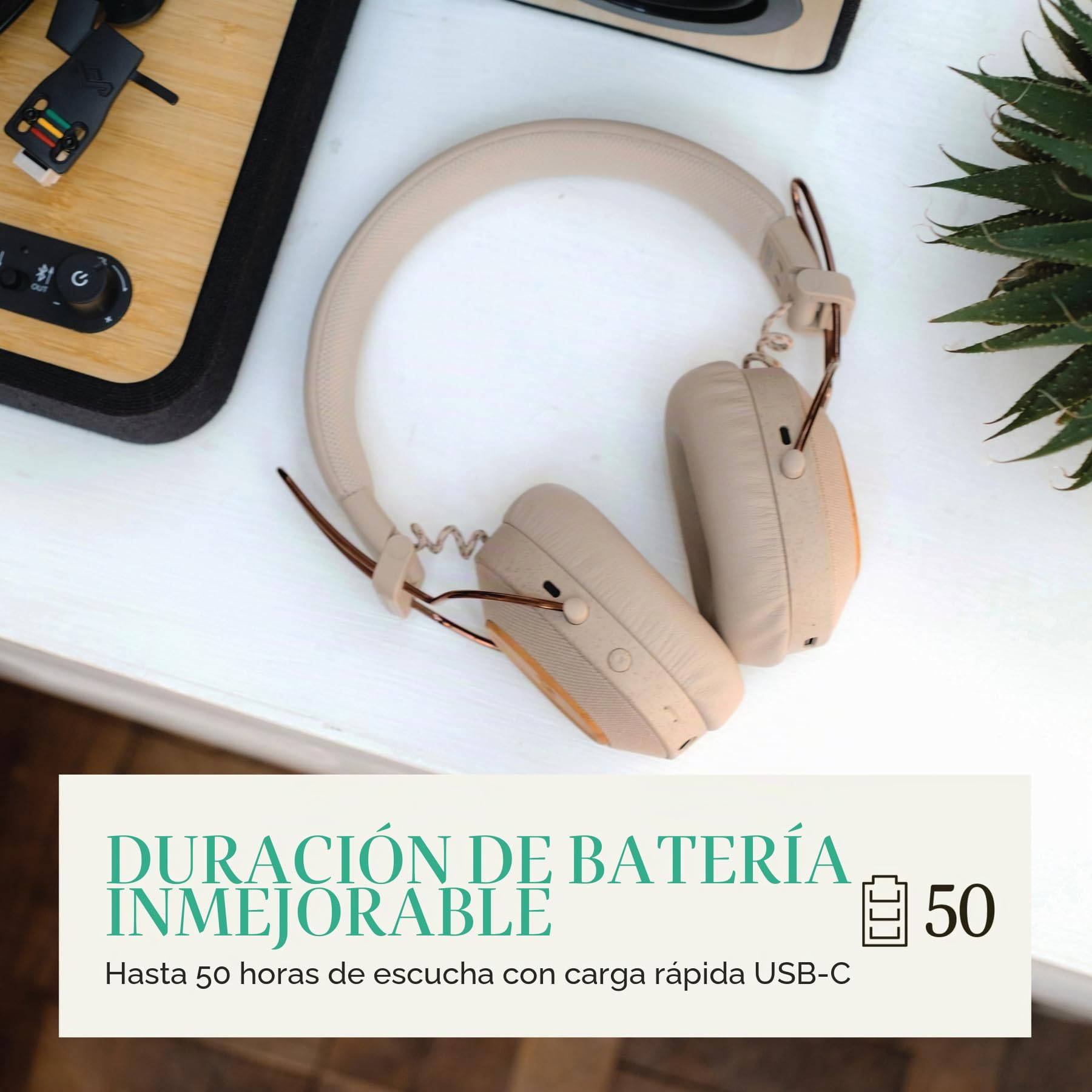 House of Marley Positive Vibration Riddim Auriculares On-Ear - Crema | Inalámbricos Bluetooth, 50h de Reproducción, Plegables con Micrófono, Carga Rápida USB-C, Materiales Sostenibles