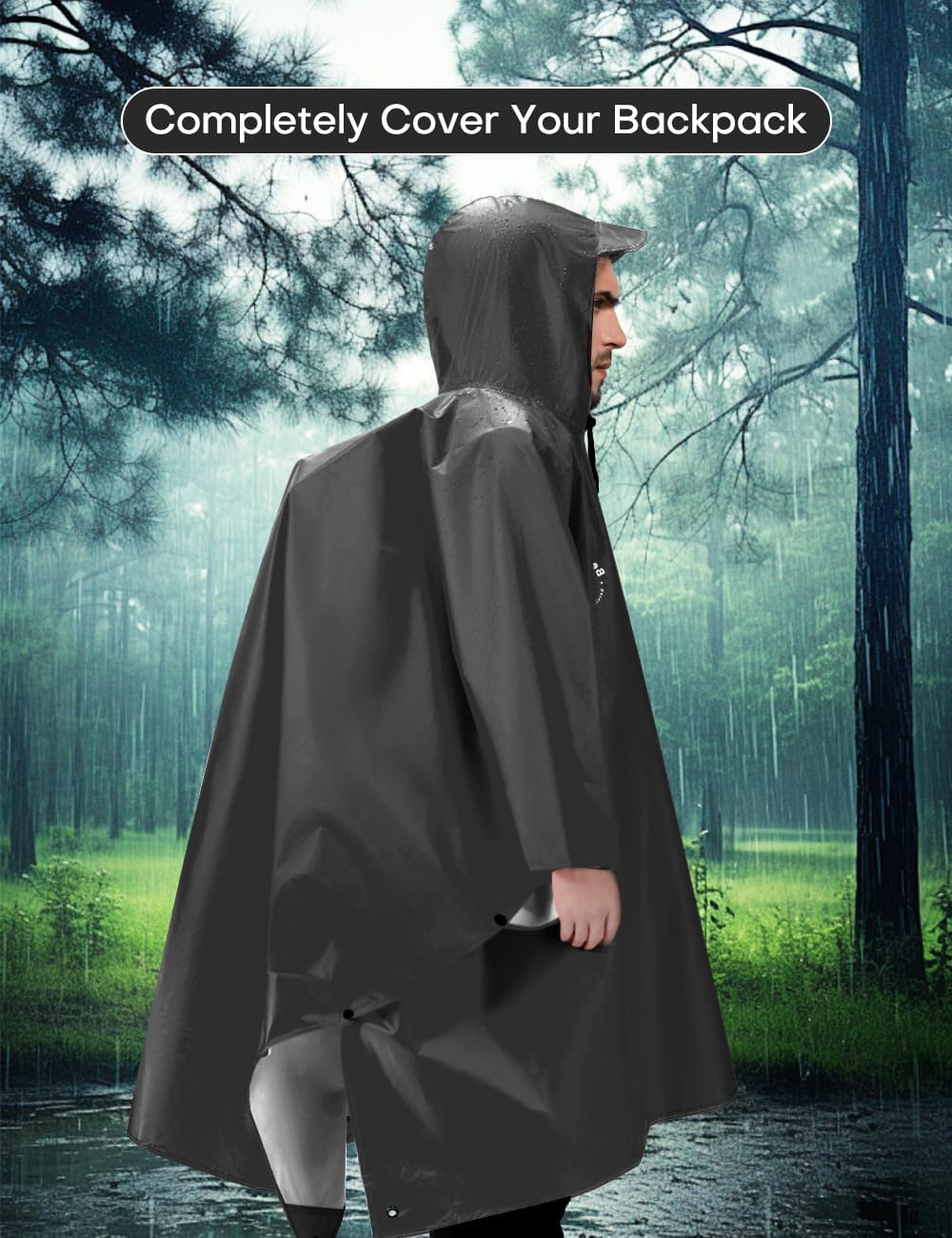 Hooded Rain Poncho for Adult, TPU IP8000mm Waterproof Coating, Reusable Unisex Rain Poncho for Hiking Travelling - Image 5