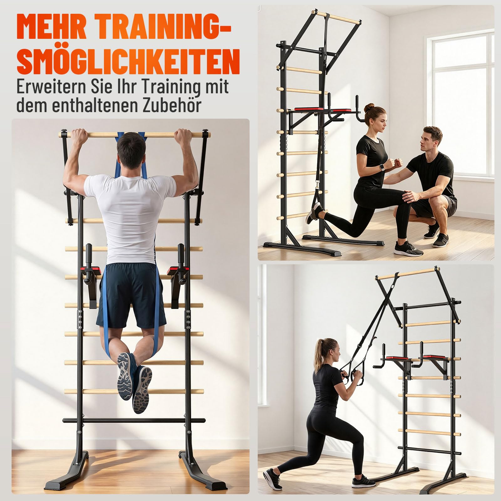 Power Tower Dip Station mit Klimmzugstange, Freistehende Sprossenwand, 150kg Tragkraft, ohne Wandmontage, Kraftstation für Zuhause und Krafttraining, 228cm