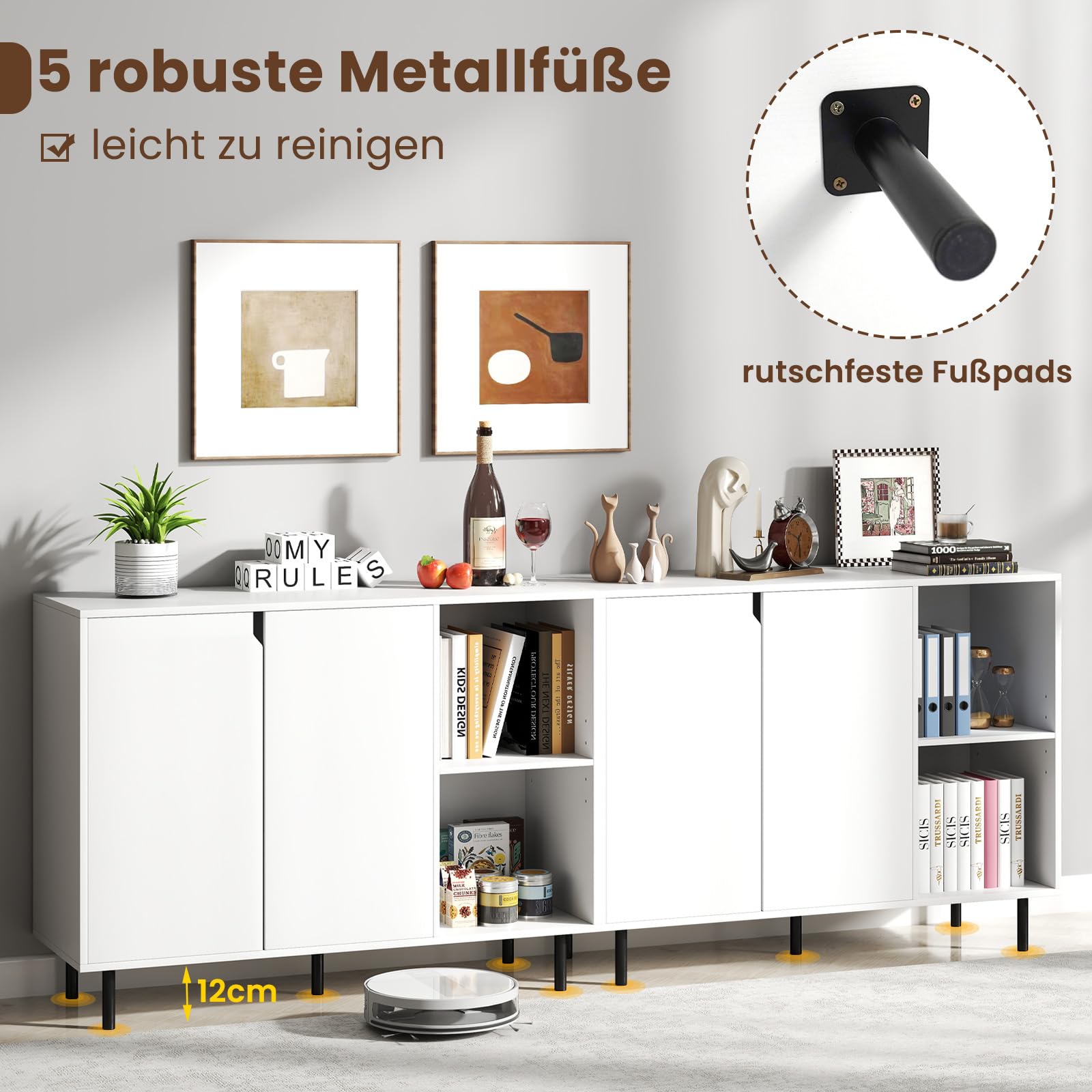 Credenza moderna bianca a 2 ante, ripiani regolabili, elegante armadio da cucina per soggiorno e sala da pranzo, 106 x 38 x 80 cm, mobili contemporanei