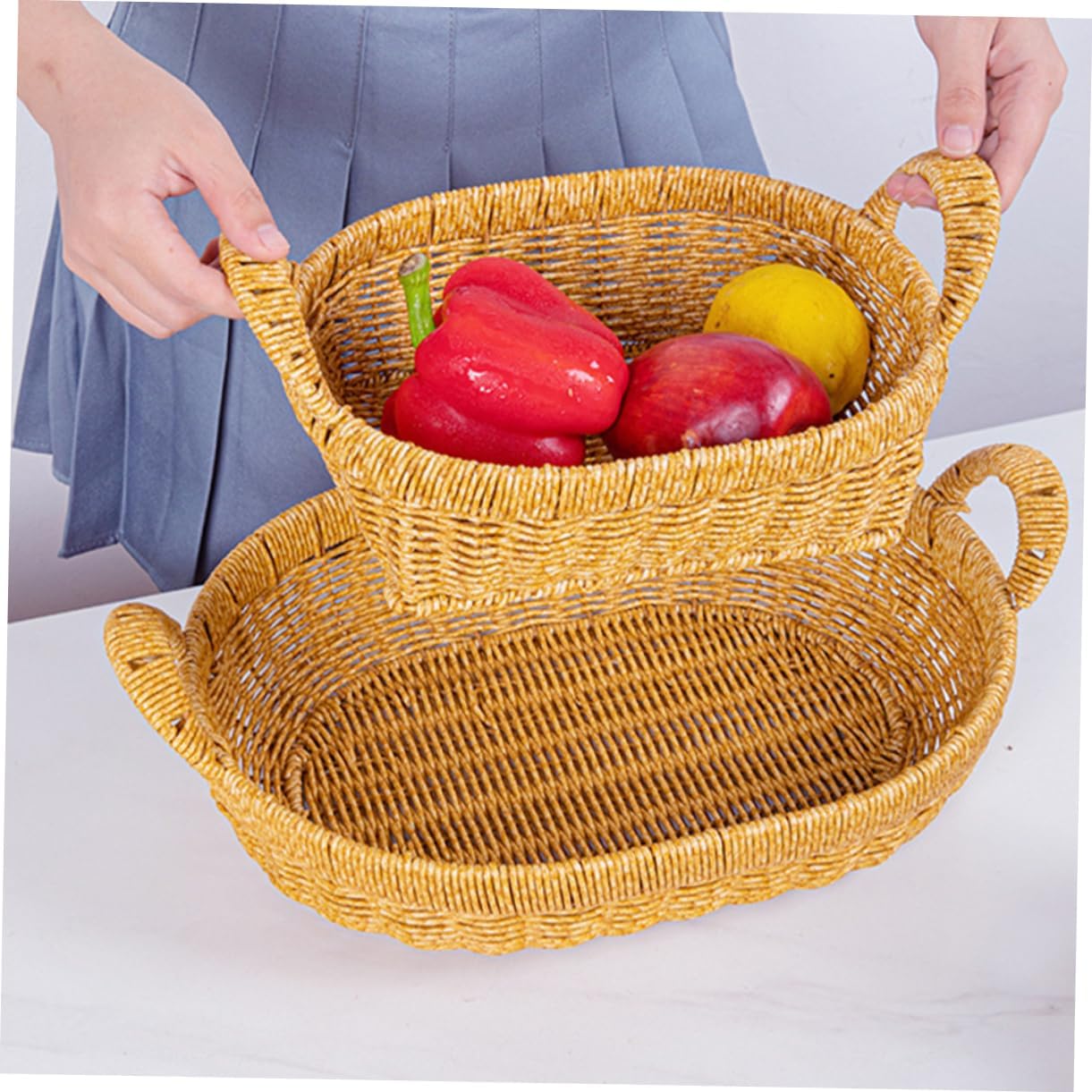 Simulated Rattan Storage Organizer Tray with Double Handles Large Oval Desktop Basket for Snacks Fruits Bread Multipurpose Rustic Picnic and Home Decor Holder