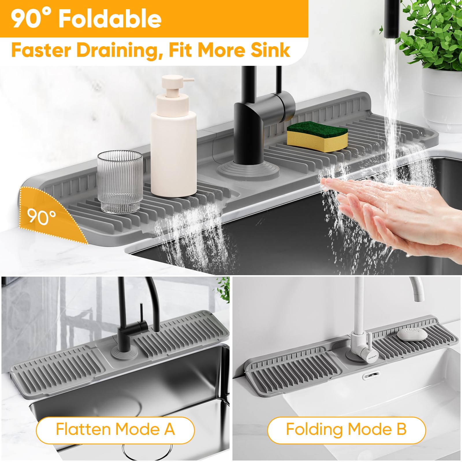 24 Longer Faucet Mat for Kitchen Sink Splash Guard 7 Slope Fast Self-draining Snap Lock Fit Kitchen Sink — view 5