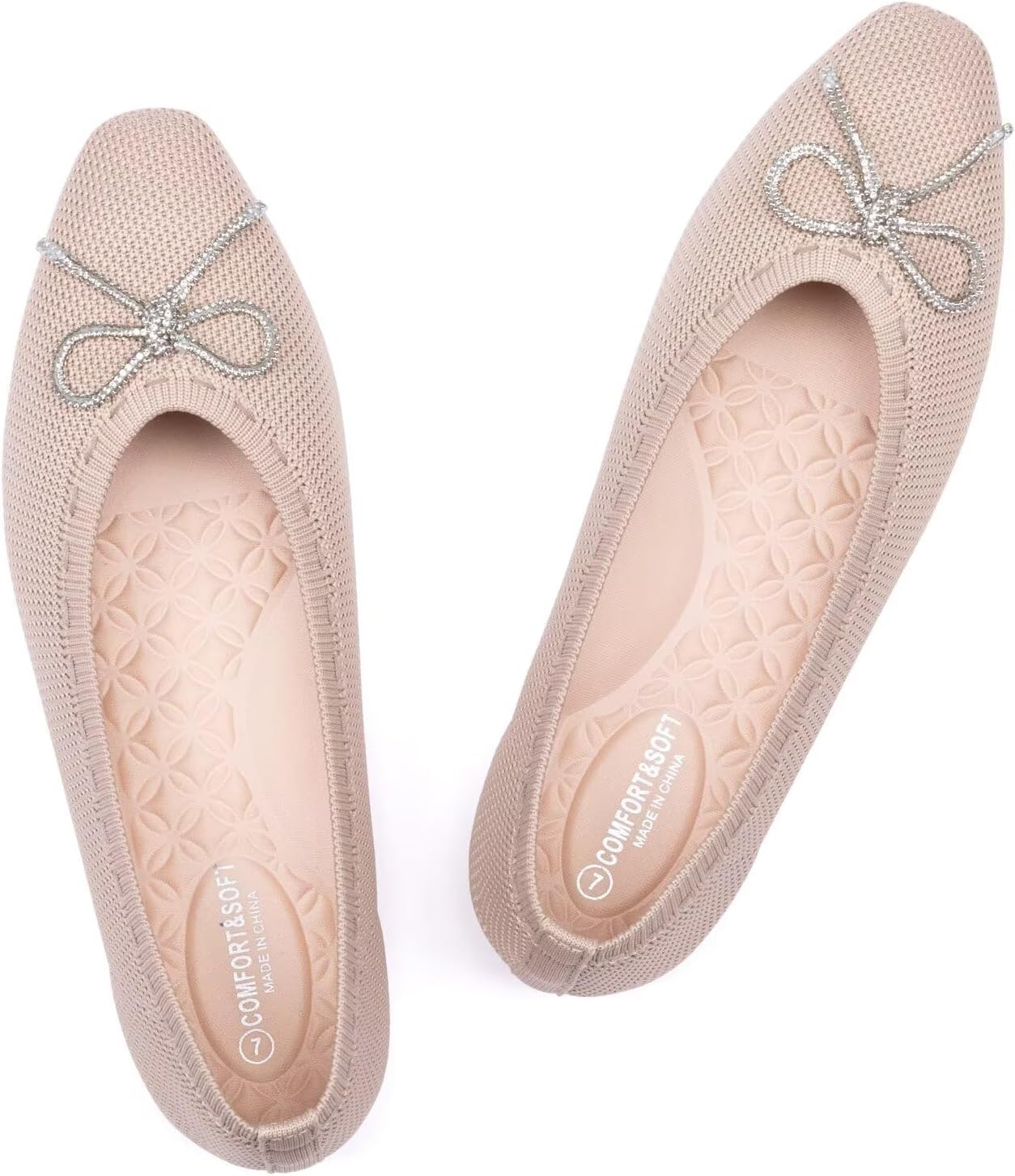 Frank Mully Ballet Flats for Women Square-Toe Flats with Rhinestone Bow Knot Casual Knitted Flat Shoes for Dressy/Office/Everyday Wear