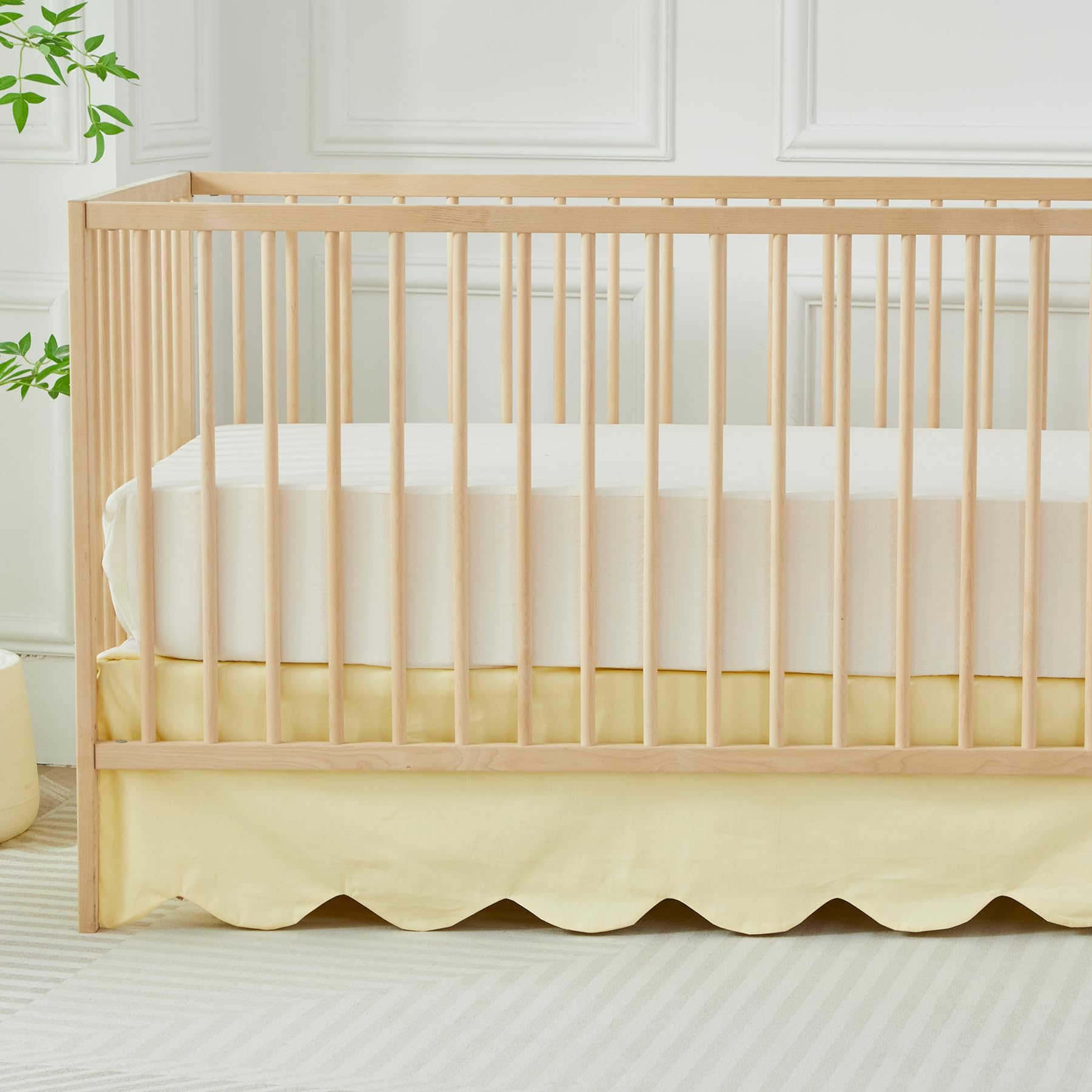 Brandream Scallop Edge Cotton Crib Skirt Toddler Bedskirt Baby Nursery Crib Bed Skirt Boho Bohemian Neutral Solid Color Light Yellow Farmhouse Chic Bedding Skirt